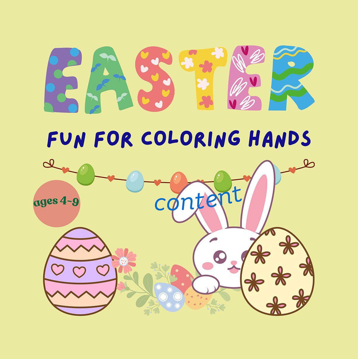 Cute Easter bunny with some decorated Easter eggs.