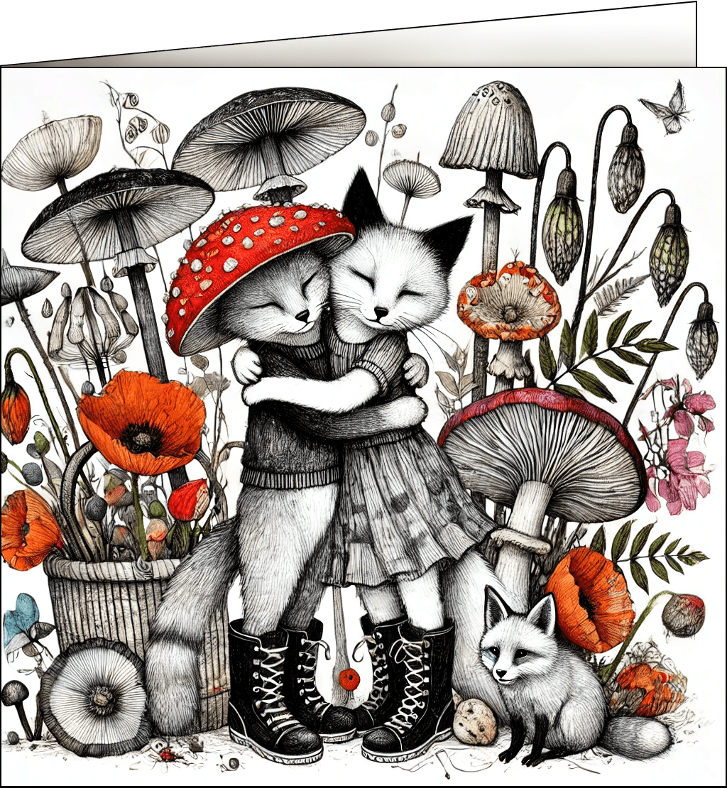 Kittens hugging in a field of flowers.