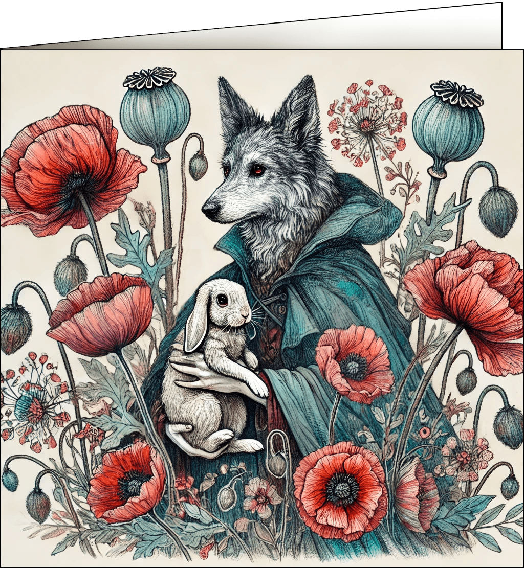 Wolf in a cloak holding a bunny.