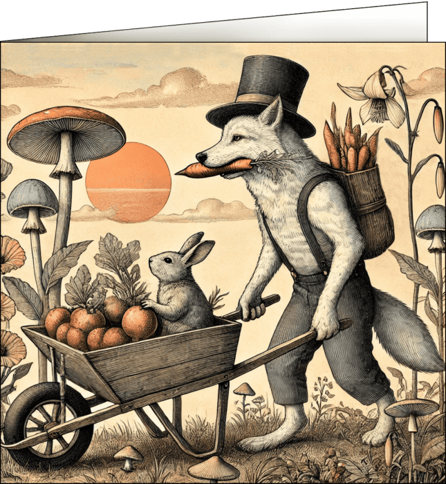 Wolf in a top hat pushing a wheel barrow with a bunny inside.