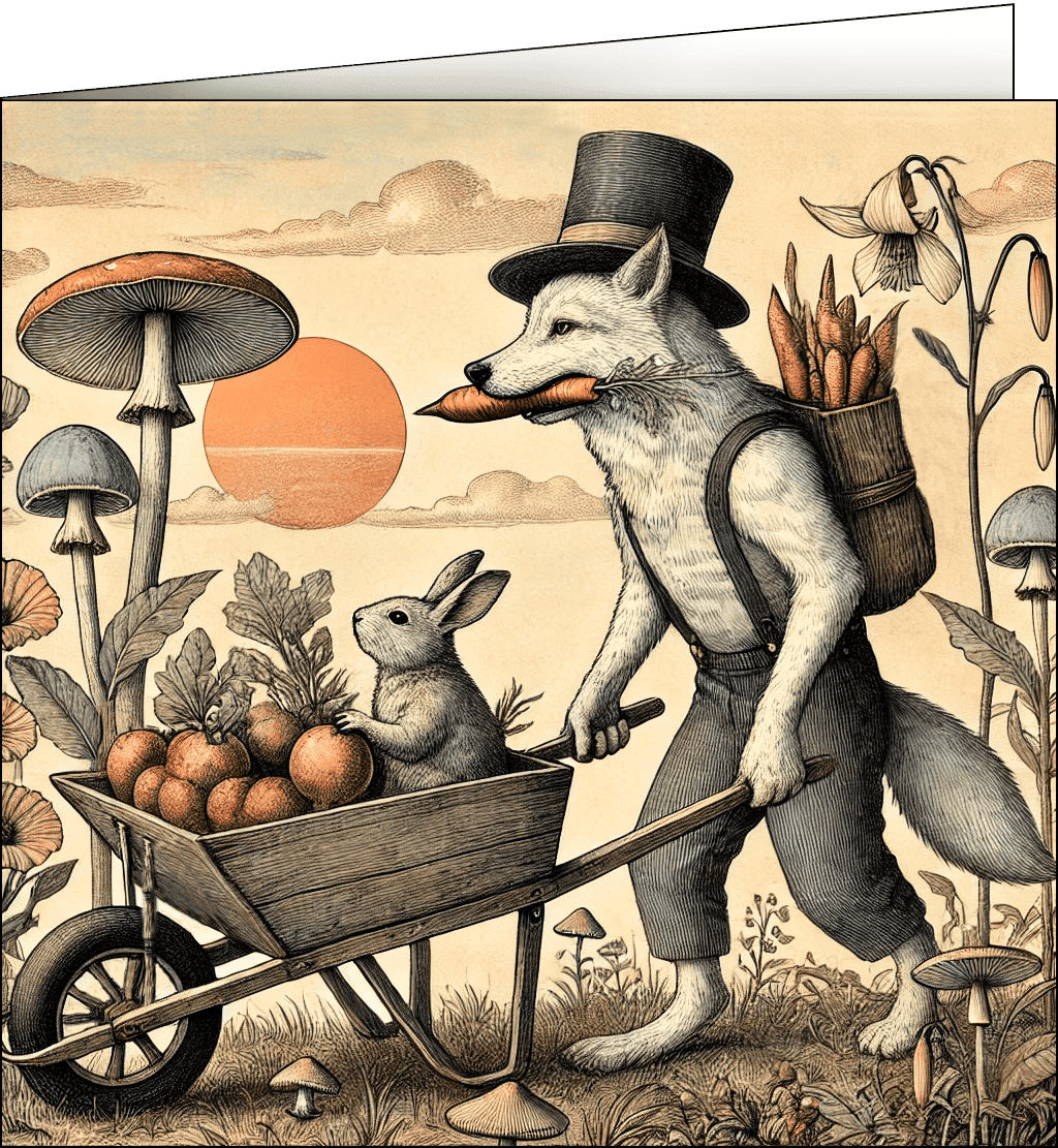 Wolf in a top hat pushing a wheel barrow with a bunny inside.