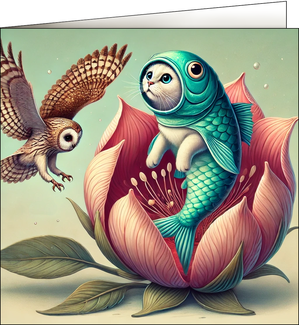 Cat in a fish costume with an owl flying nearby