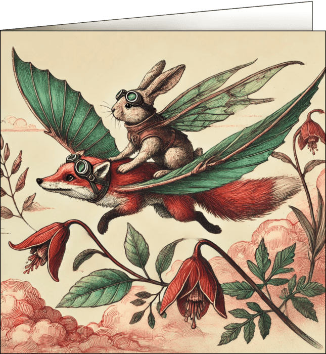 A rabbit wearing goggles is riding a flying fox with leaves for wings.
