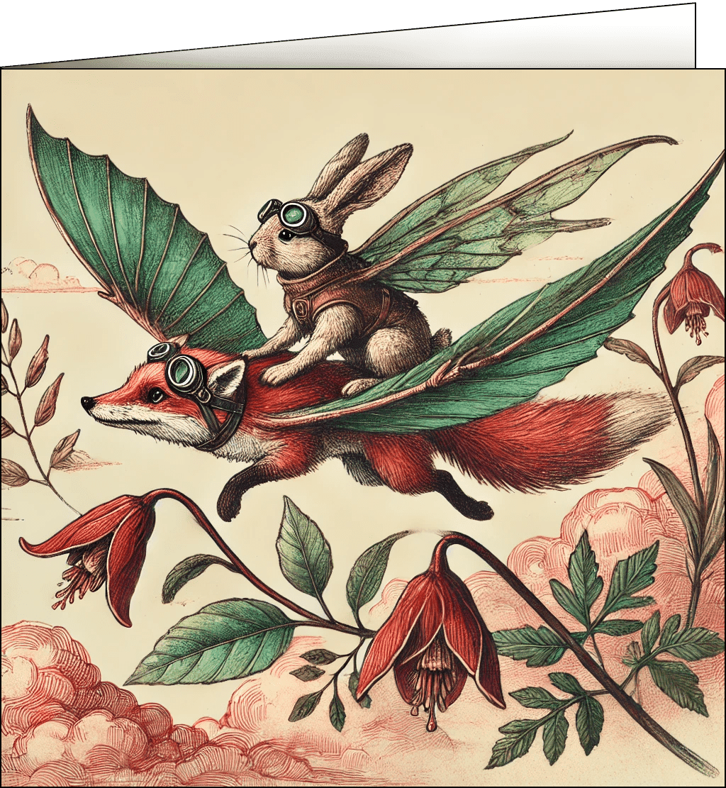 A rabbit wearing goggles is riding a flying fox with leaves for wings.
