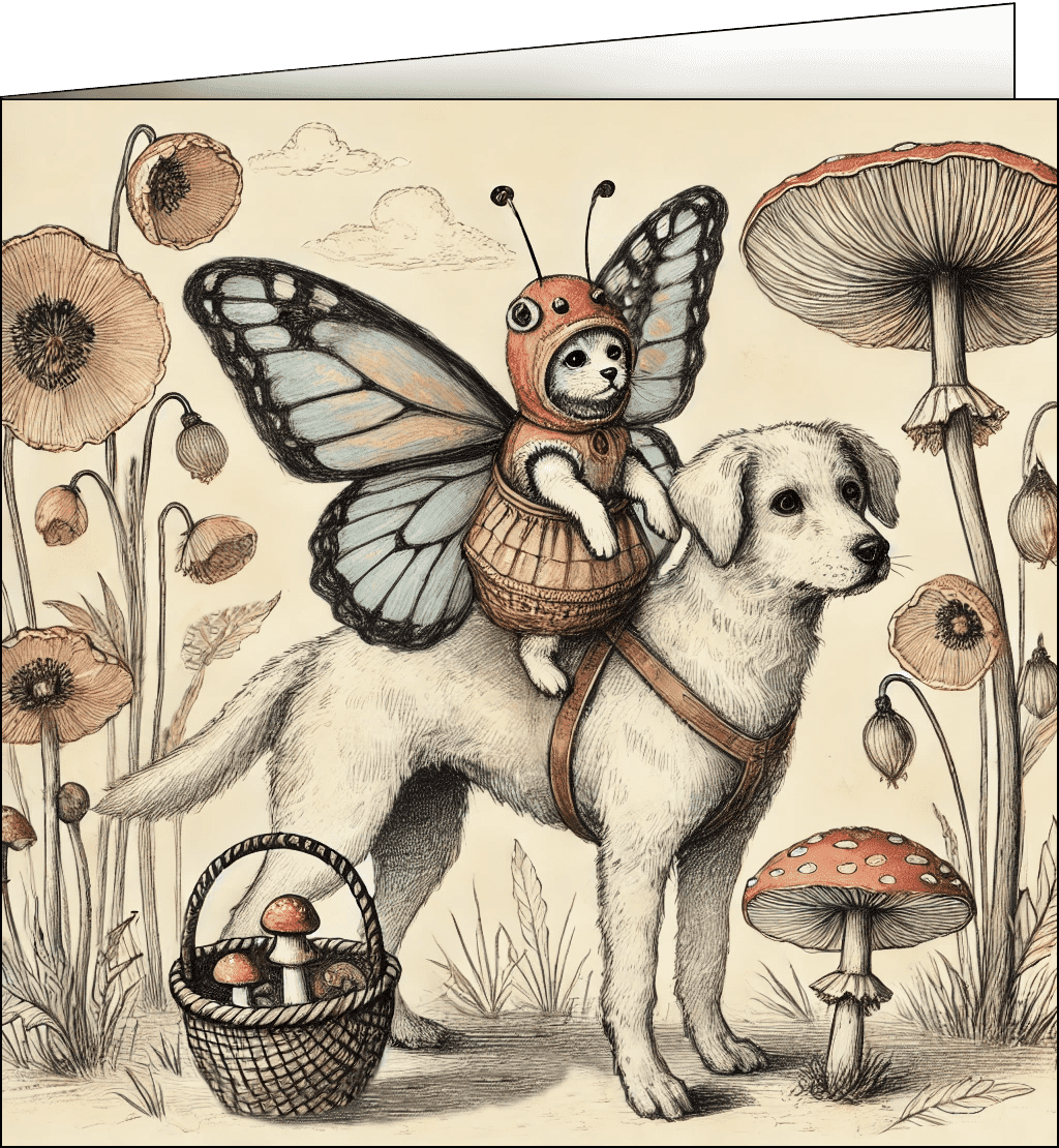 A cat in a butterfly costume riding a white dog surrounded by a small forest.