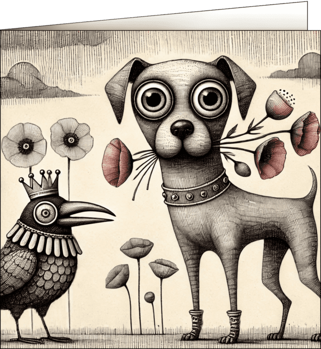 Stylish dog and crow wearing a crown.