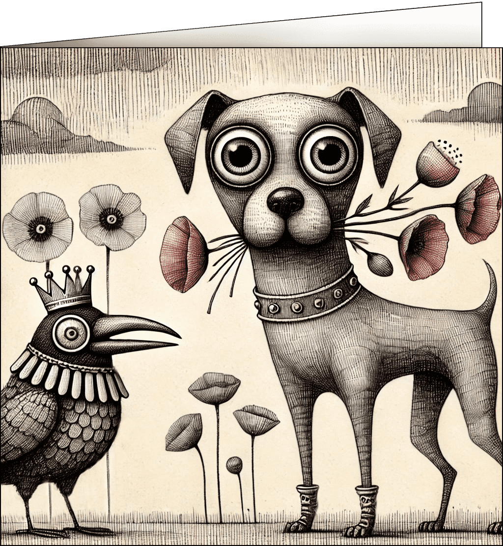 Stylish dog and crow wearing a crown.
