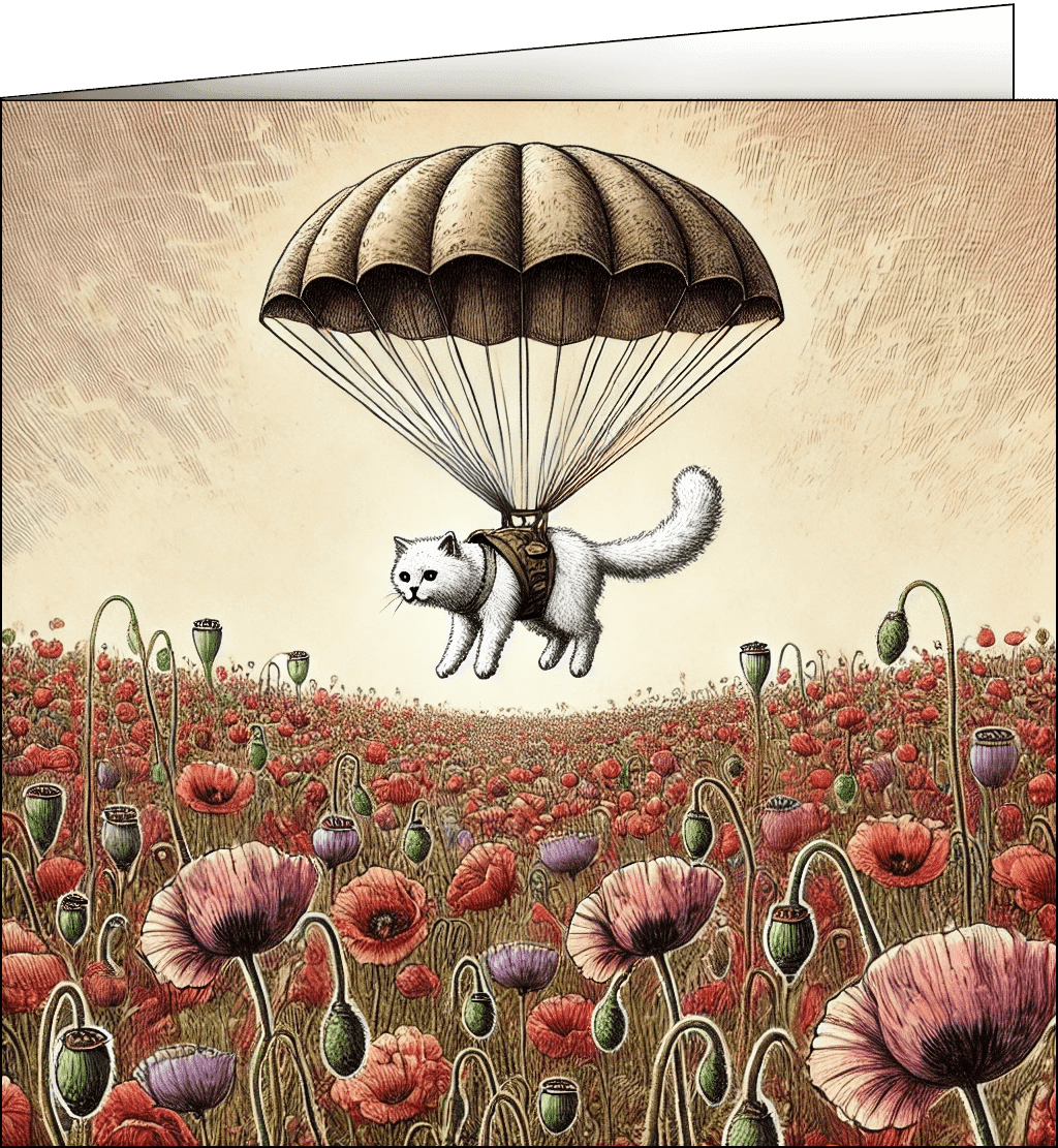 White cat parachuting over a field of flowers.