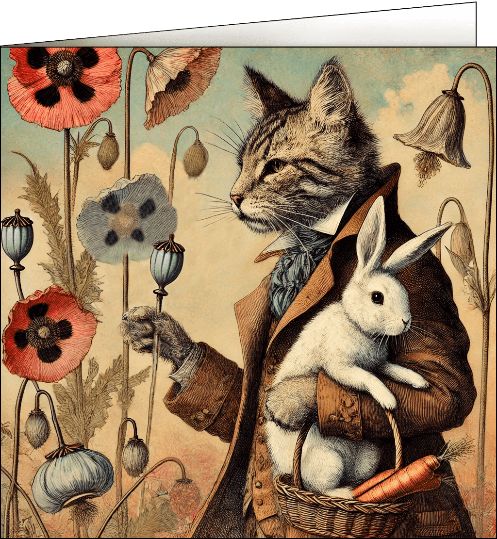 A cat wearing a suit and smoking a pipe holding a bunny in left arm.