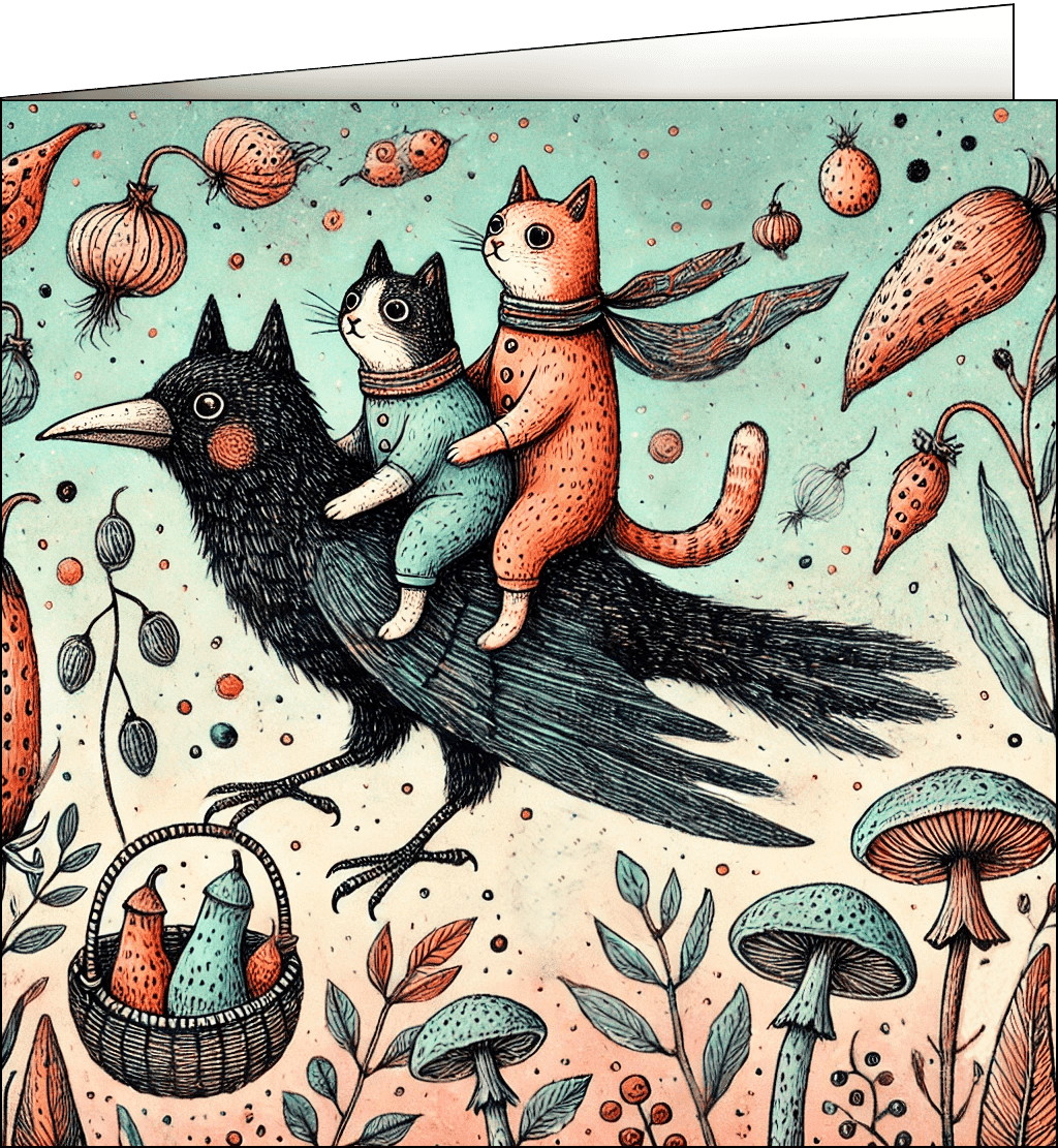 Two cute cats riding a large bird surrounded by mushrooms and plants.
