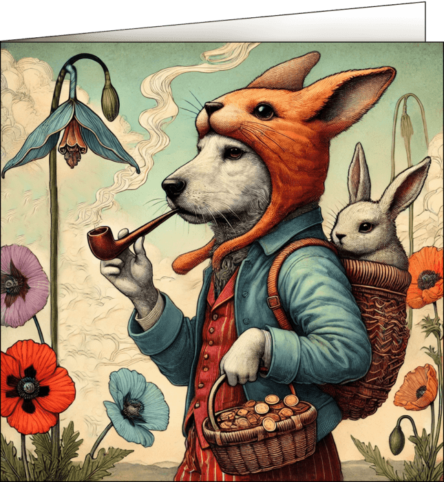 Dog wearing a bunny hat smoking a pipe with a bunny in a basket.