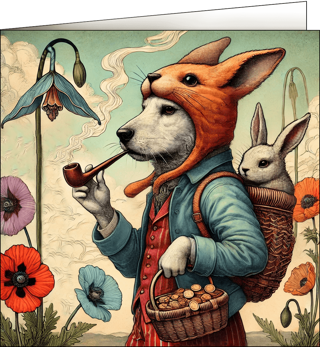 Dog wearing a bunny hat smoking a pipe with a bunny in a basket.