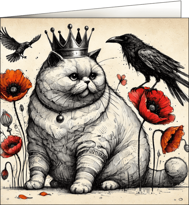 Chunky cat wearing a crown with crow onlookers.