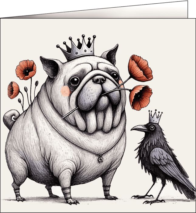 Happy pug wearing a crown with flowers in mouth.