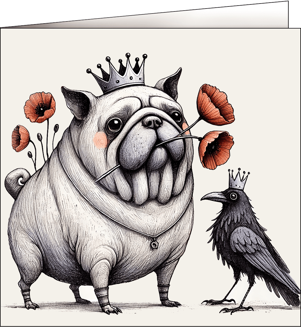 Happy pug wearing a crown with flowers in mouth.