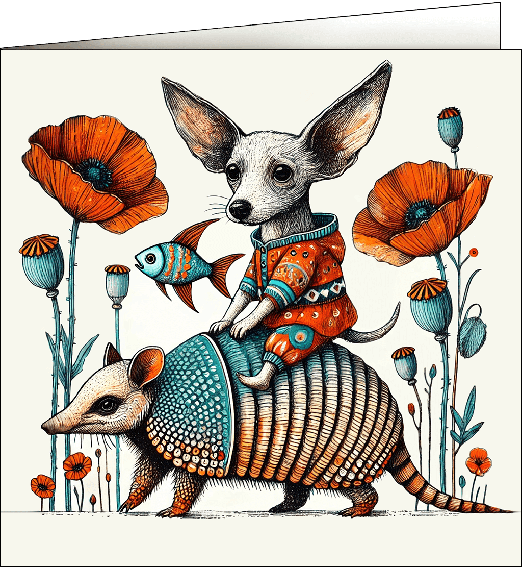 Cute dog riding an armadillo.