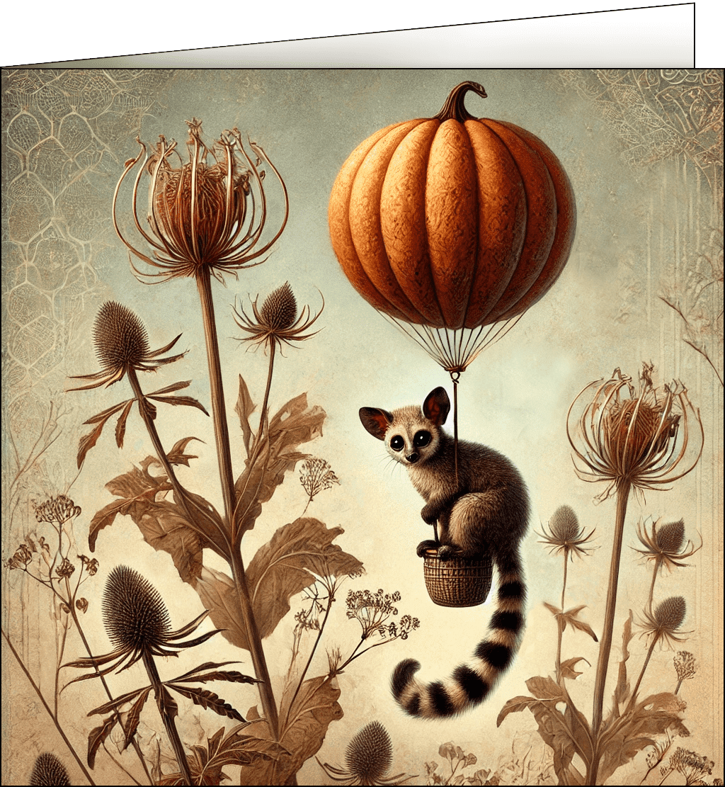 A lemur is clinging to a floating pumpkin.