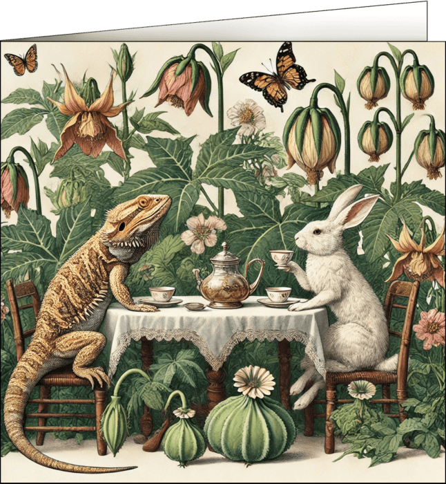 A bearded dragon and rabbit enjoying tea time.
