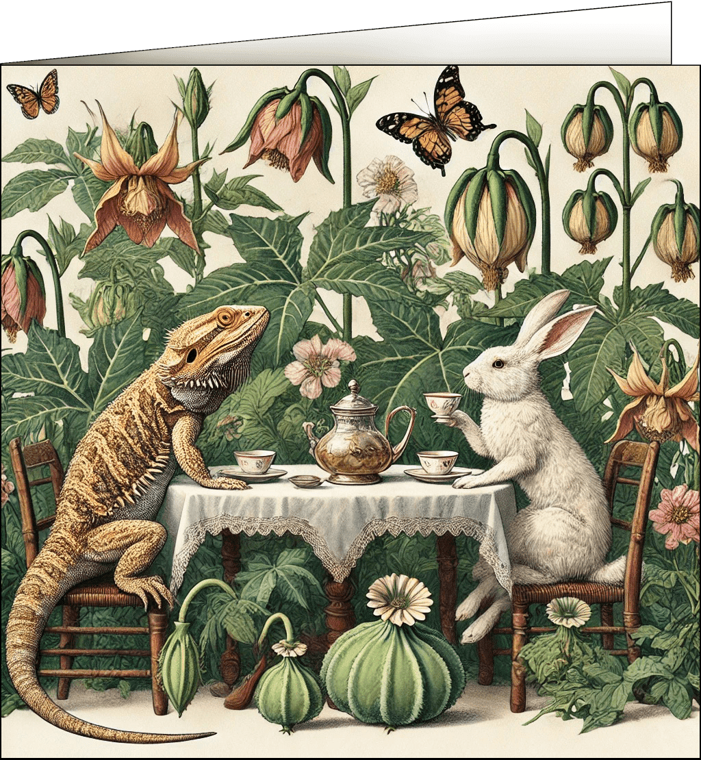 A bearded dragon and rabbit enjoying tea time.