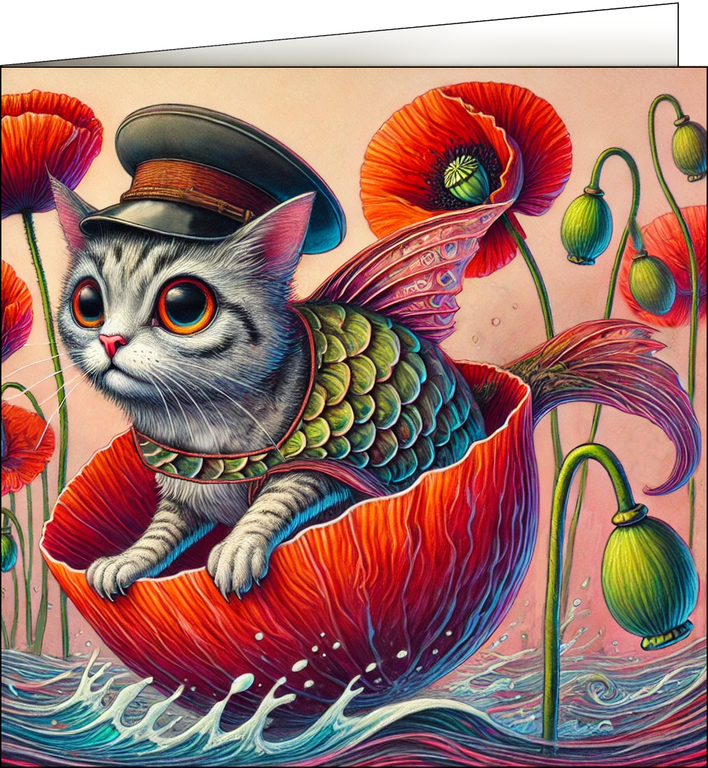 Cute kitten in a fish costume floating on a flower