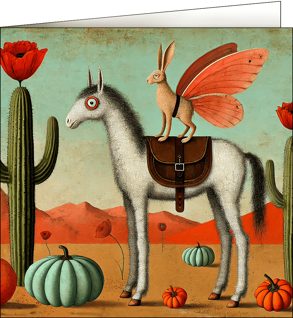 A rabbit with butterfly wings riding a horse in a desert.