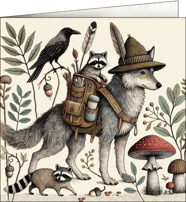 A raccoon riding a wolf in a hunting hat.