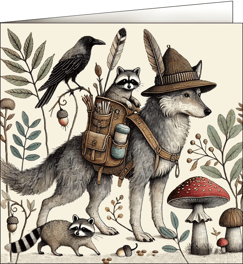 A raccoon riding a wolf in a hunting hat.