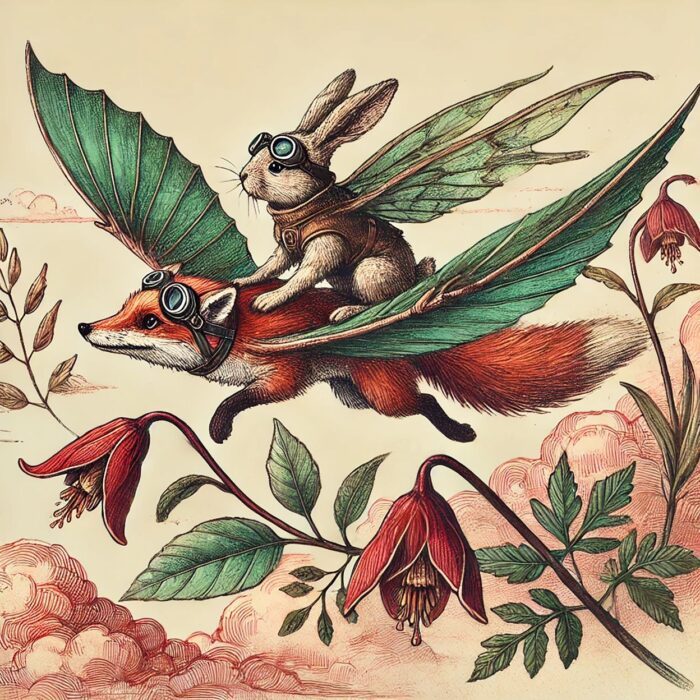 Rabbit riding a fox with leaf wings.