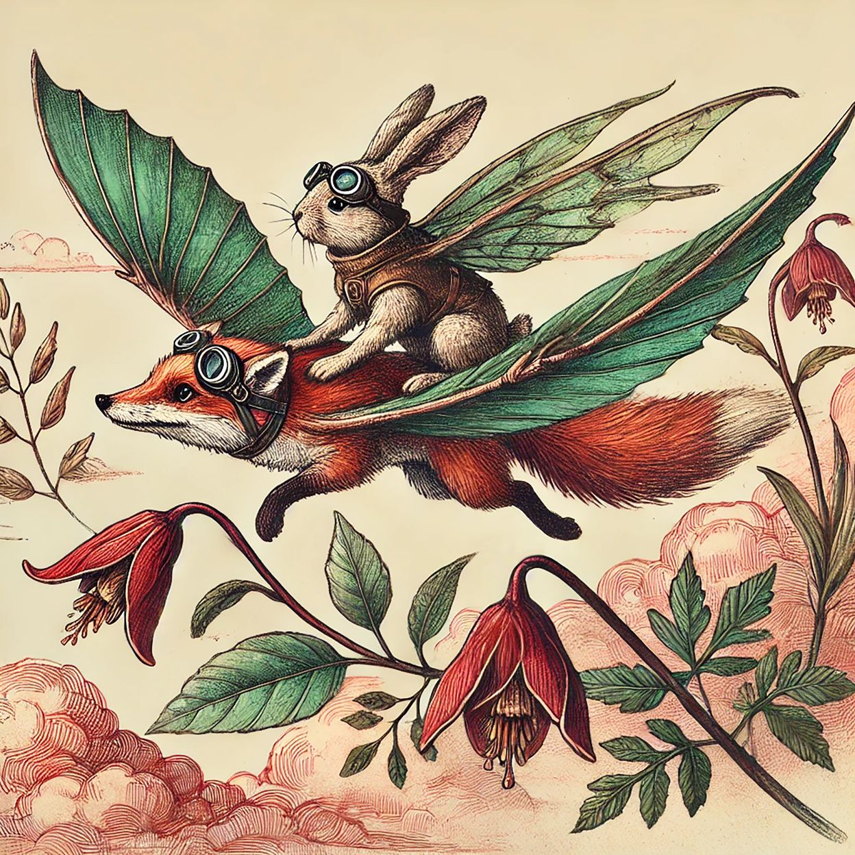 Rabbit riding a fox with leaf wings.