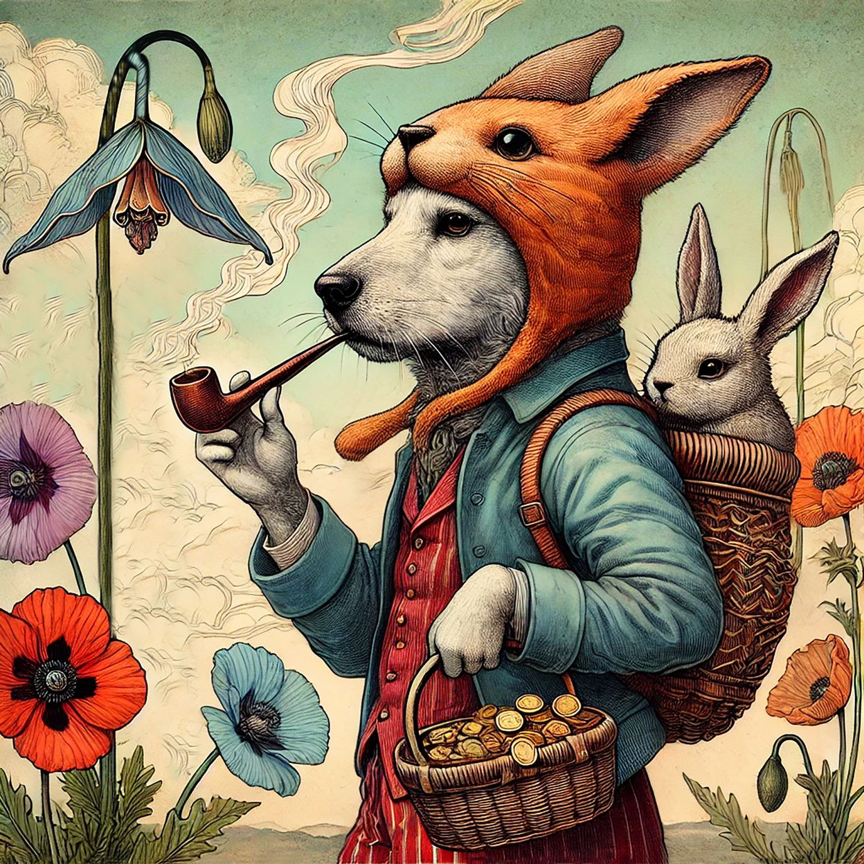 a dog wearing a fox hat and smoking a pipe