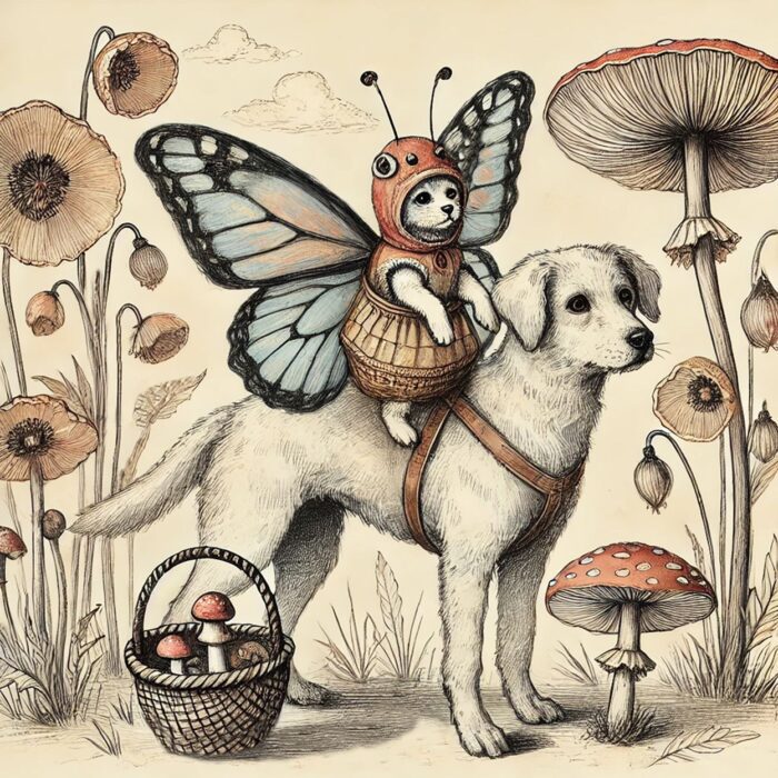 Cat wearing a butterfly outfit riding a dog.
